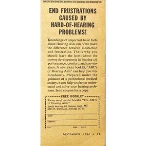 Zenith Hearing Aid "End Frustrations Caused by Being Hard-Of Hearing"Vtg Ad 1961